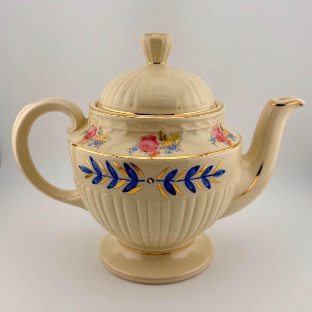 Vintage Shawnee Pottery Teapot USA | Hand Painted Blue Gold Floral - Picture 3 of 7